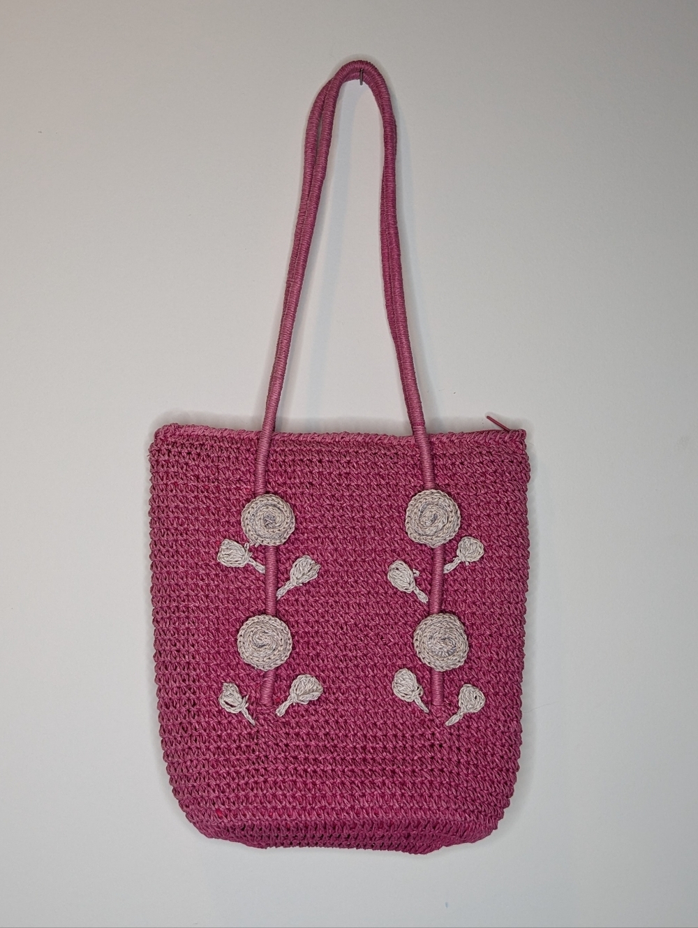 Vintage Pink Crochet Shoulder Bag with Embroidered Flowers
